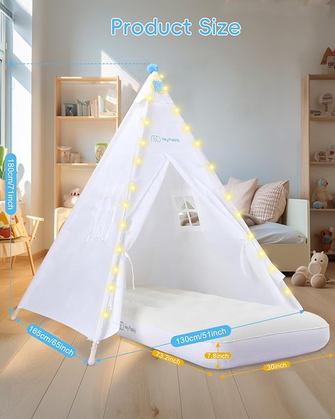 Teepee Tent for Kids with Inflatable Airbed String Lights Balloons Pump Washable Slumber Party Tent Indoor Outdoor for Girls Boys Children Tipi Playhouse for Playtime and Sleepover