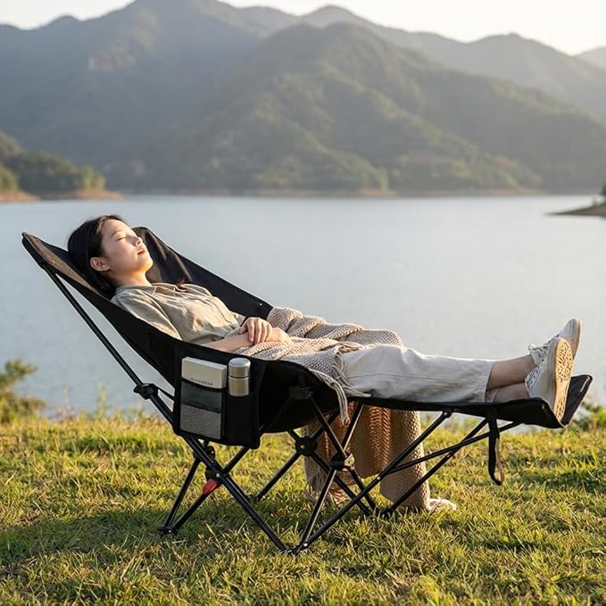 Orlan Outdoor Folding Chair Convertible for Sitting and Lying with FootrestBlack Two-Piece Set 140kg Load Capacity No Assembly Required One-Second Open/Close Portable and Easy to Store