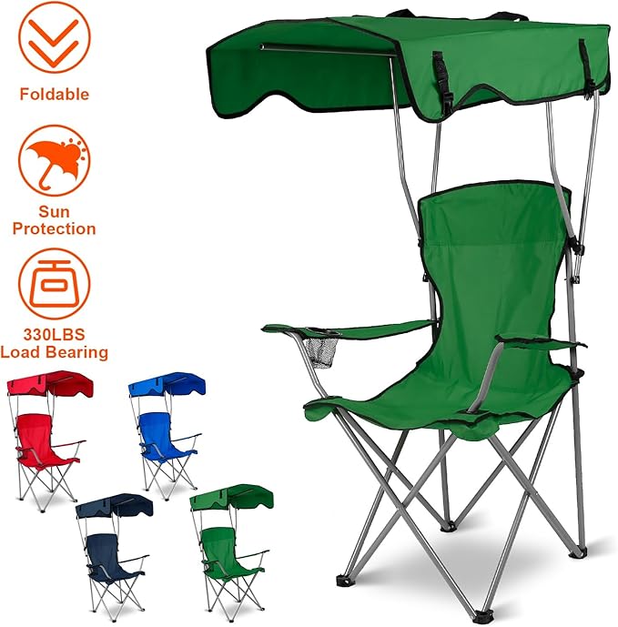 iMounTEK Camp Chair Foldable Canopy Camp Chair with Shade Sun Protection Camping Recliner with Carry Bag Support 330LBS Load Folding Seat with Cup Holder for Fishing/Beach/Travel/Picnic(Green)
