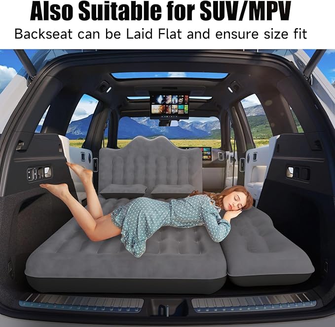 Car Air Mattress Inflatable SUV Truck Air Mattress Back Seat Camping Bed Thickened Car Sleeping Pad for Travel Car Bed SUV Mattress with Air Pump 2 Pillows