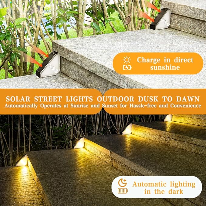 Solar Stair Lights Solar Step Lights Outdoor Waterproof IP65 Outdoor Light Decor for Garden Stair Deck Front Step Front Porch and Patio (Warm Light-4pack)