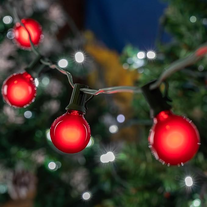 25 Foot G30 Outdoor Patio String Lights with 25 Red Globe Bulbs – Indoor Outdoor String Lights – Market Bistro Café Hanging String Lights – C7/E12 Base - Green Wire