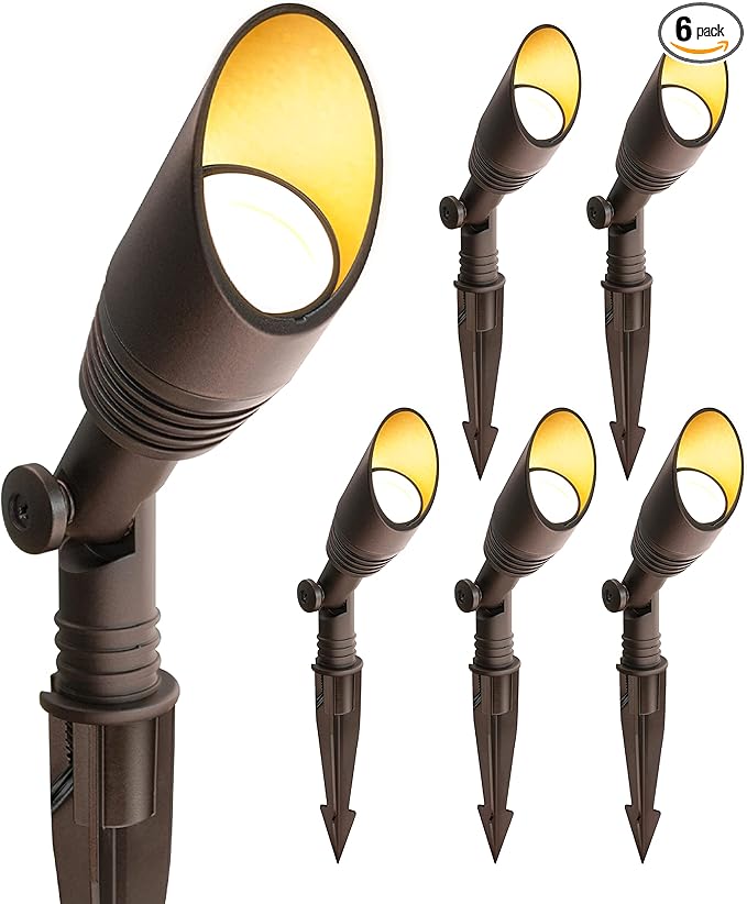 GKOLED 6 Pack Low Voltage Landscape Spot Light 12V LED Outdoor Spotlight Mini Size Waterproof Directional Up Lighting with Stake for Bushes Trees Shrubs Die-cast Aluminum 9W 3000K CRI90 Brown