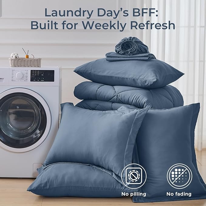 HEVUMYI Dusty Blue Cali-King Comforter Set - 7-Piece All Season Bed in a Bag Cali-King Ultra Soft Bedding Set with Comforter Flat Sheet Fitted Sheet Pillowcases Pillow Shams