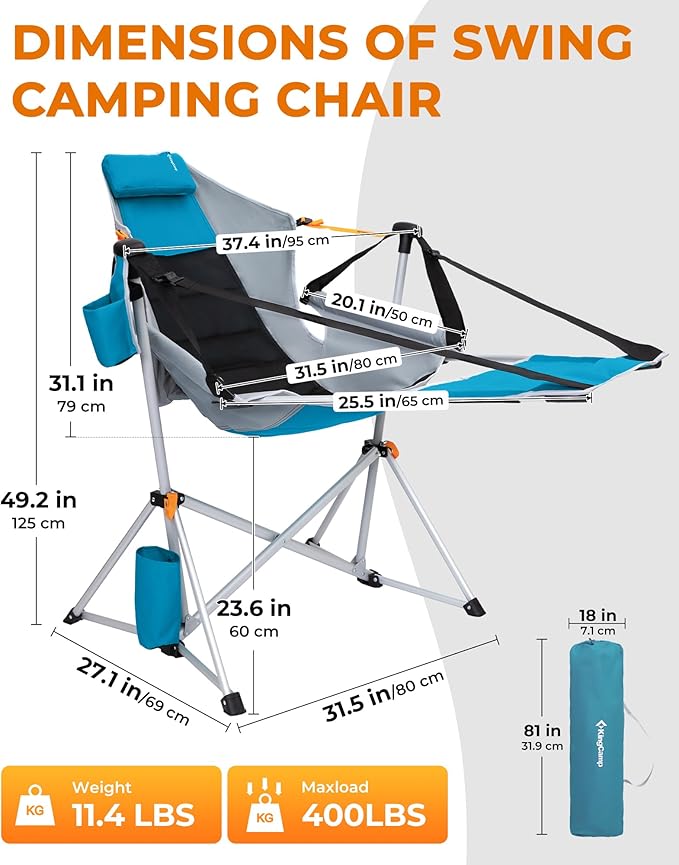 KingCamp Hammock Chair with Footrest – Heavy Duty Swinging Rocking Camping Chairs for Adults up to 400lbs Folding Portable Oversized Rocker with Cup Holder &amp Pillow for Outdoor Beach Lawn RV Spor