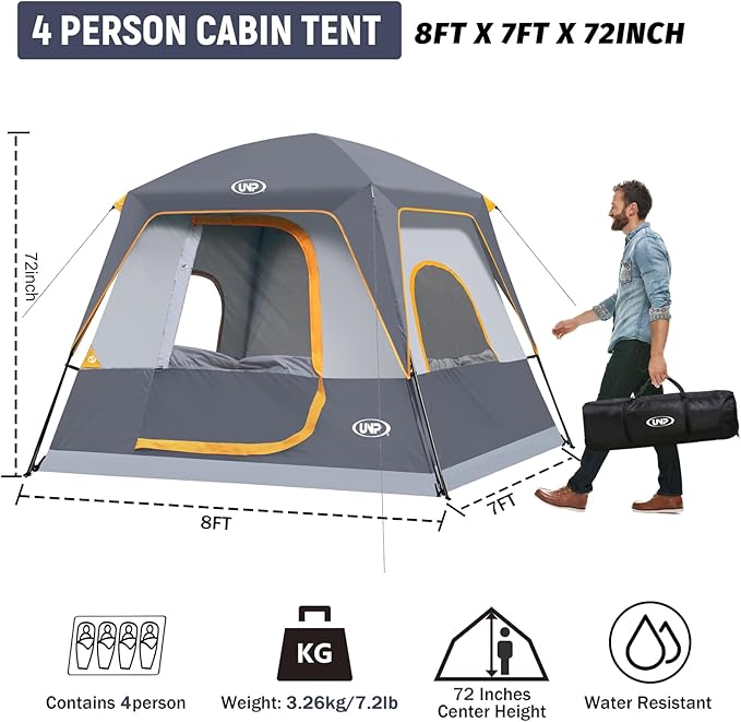 UNP 2/4/6/8 Person Tent Portable Cabin Tent Camping Tent 4-Person Easy Set Up Waterproof with Top Rainfly for Outdoor Camping/Hiking