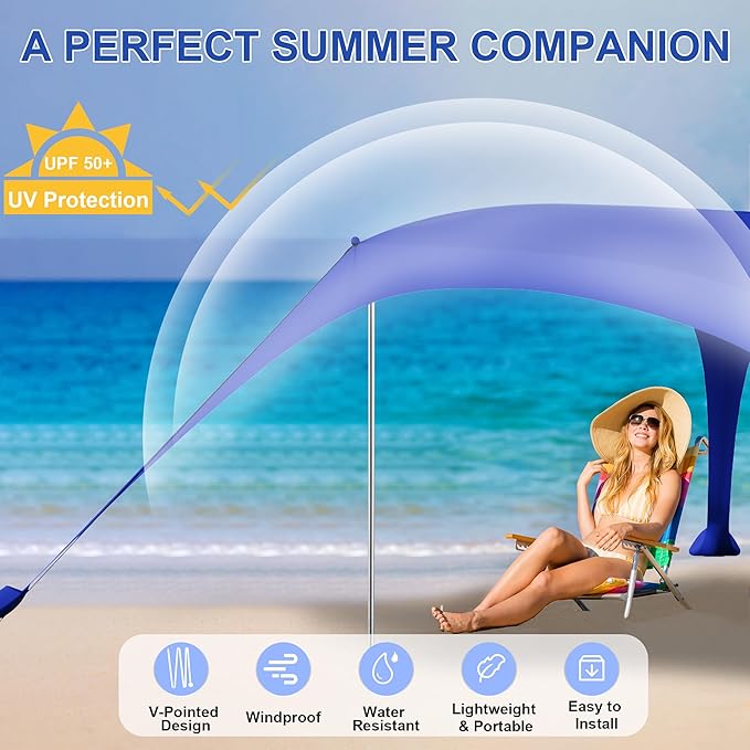 Beach Tent Sun Shelter UPF50+ with Sandbags Sand Shovel &amp Windproof Poles - Portable Pop Up Canopy for Beach Camping Picnics Backyard &amp Fishing (Royal Blue10x10FT)