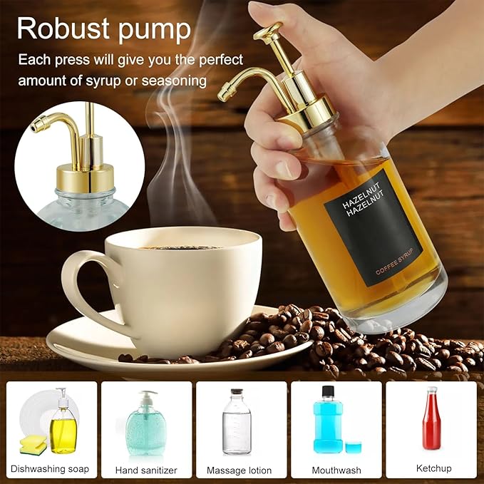 2PCS Syrup Dispensers for Coffee Accessories Glass Syrup Bottle Pump with 9 Labels Silicone Funnel Gold Precise Dispensing Stylish Addition to Coffee Shop Cafe Home Bar