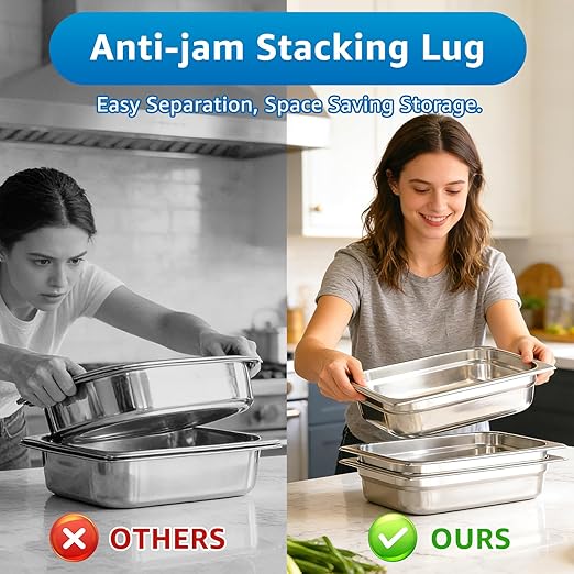 1/6 Size Commercial Hotel Pans 4 Deep (6 Pack) 0.7mm Stainless Steel Steam Table Pans with Lids Deep Food Storage Containers for Prep Stations Condiments &amp Multi-Use Anti-Jam Lug