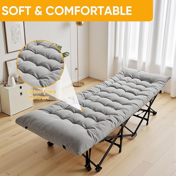 Northroad Camping Cot with Thick MattressQuick Set-Up Sleeping Cots Bed with Side Pocket for Outdoor Camping Office Nap Home Garden Beach Travel Grey