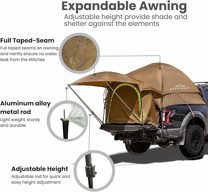 Savvycraft Pickup Truck Tent for Full Size and Mid Size Truck Short Bed and Long Bed Waterproof P3000mm 2-Person Double Layer Truck Bed Camping Tent Expandable Awning Rainfly Storage Bag Included