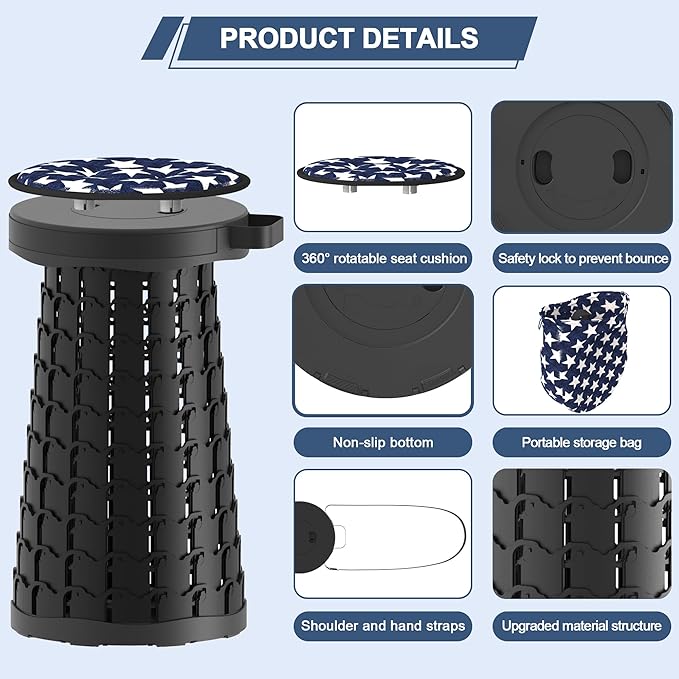 ALEVMOOM 2026 Upgraded 18.1 Collapsible Stool with Cushion &amp Carry Bag 600lbs Max Weight Portable Telescoping Stool More Sturdy Lightweight Retractable Seat Folding Chair for Camping &amp Outd