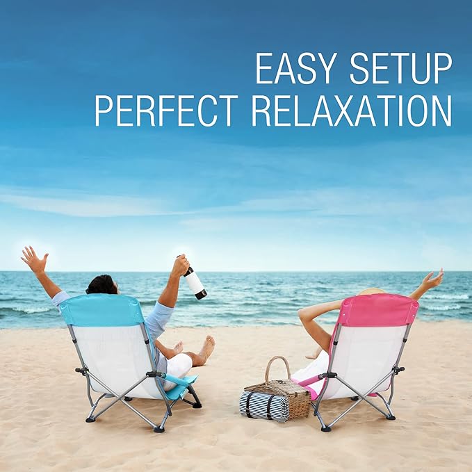 HAUSHOF High Back Beach Chair Mesh Back Folding Chair Lightweight Low Seat Camping Chairs with Cup Holder Carry Bag Padded Armrest for Outdoor Beach Lawn Camping Picnic Festival