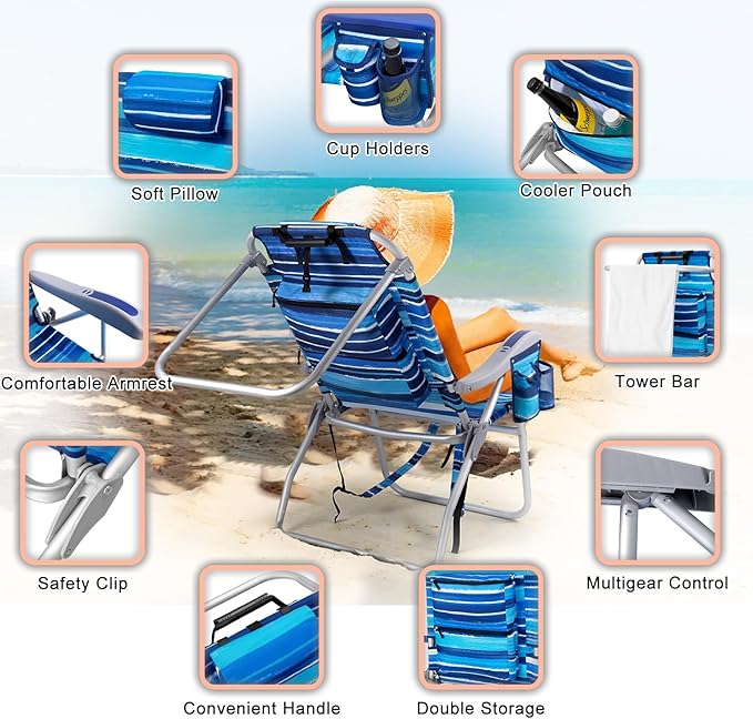 Backpack Beach Chairs for Adults - Folding Heavy Duty High Camping Chair with Storage Pouch Cup Holder &amp Towel Rack Adjustable Lounge Chair for OutdoorTravel (1pack /High Back Blue Strap)