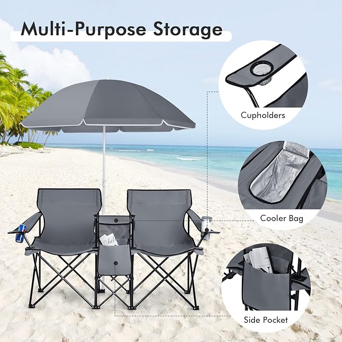 MAT EXPERT Folding Double Camp Chair w/Removable Umbrella Portable Picnic Chair w/Mini Table Chair Set w/Beverage Holder Portable Loveseat Camp Chairs for Beach Backyard Poolside (Gray)