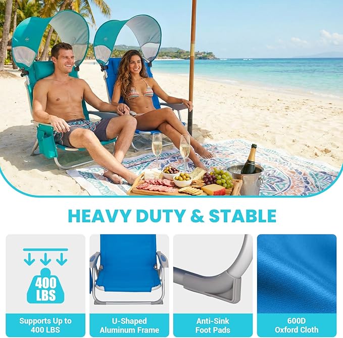 #WEJOY Beach Chair with Canopy Shade Reclining Adjustable 4 Position Lay Flat Lightweight Folding Portable Aluminum Chair with Backpack StrapsPadded headrest Heavy Duty 400lbs Lawn Chair for Beach