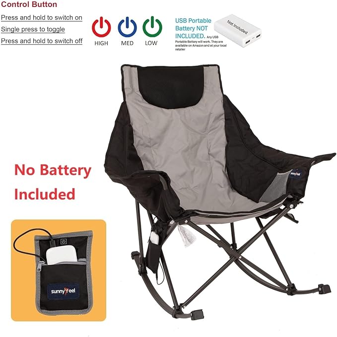 SUNNYFEEL Heated Rocking Camping Chair | Fully Padded Patio Chairs | Heating Camp Rocker Chairs for Outdoor Sports with Back and Seat Heating | Heated Folding Chair for Adults Heavy Duty 500lbs