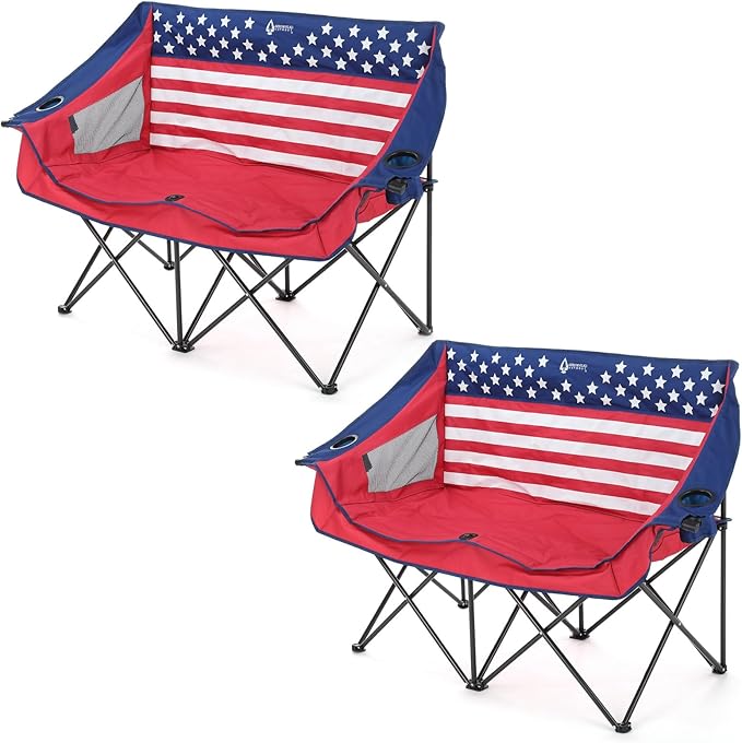 ARROWHEAD OUTDOOR 2-Pack Portable Folding Camp Loveseat Chair w/Glass &amp Cup Holders Heavy Duty Carry Bag 650 lbs Weight Capacity