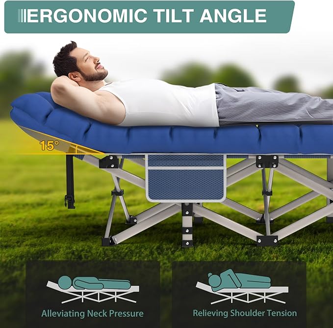 Seeutek Folding Camping Cot for Adults with Carry Bag Portable Bed with Detachable Cushion Waterproof 1200D Oxford Fabric Cot Bed for Camping Hunting Lounging Camping Cots Blue Cot &amp Gray P