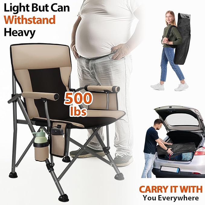 Heated Camping Chair with 20000 mAh Battery Loog-Lasting for 500 Mins Fully Padded Heated Camp Chairs Heavy Duty Folding Chairs Supports 500 lbs for Winter Camping Picnics Tailgating RV Travel