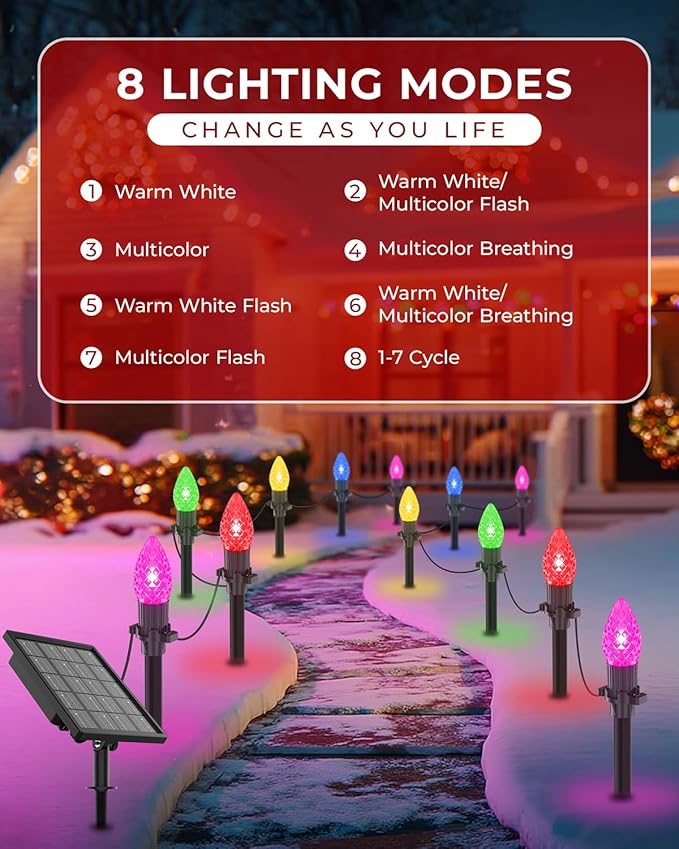 FREECUBE 50FT C9 LED Solar Christmas Pathway Lights Outdoor 25 Multicolor Bulbs with 8 Modes &amp Timer Waterproof Solar Christmas Stake Lights for Yard Lawn Sidewalk Driveway Outdoor Decorations