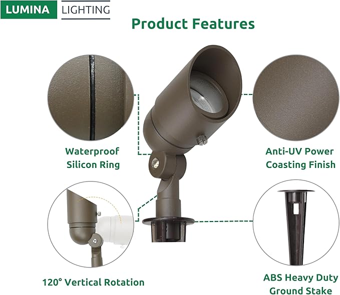 Lumina Lighting® 4W Landscape Lighting 12V Landscape Lights Low Voltage Landscape Spotlights Warm White Waterproof Outdoor Replaceable LED Bulb for Garden Lawn Porch Patio and Yard (Bronze 2-Pack)