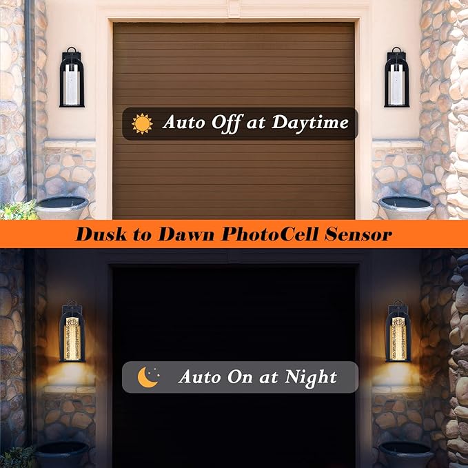 Dusk to Dawn LED Outdoor Wall Light 14 Black Wall Lantern with Crystal Bubble Glass Exterior Light Fixture with Photocell Sensor IP65 Waterproof Anti Rust Outdoor Lighting for House Garage Porch