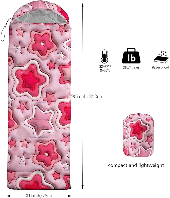 Kids Sleeping Bag for Boys Girls3D Pink Stars Print-Lightweight Warm Portable Outdoor Indoor-Waterproof Cold Weather Resistant Sleeping Bag for Camping Hiking