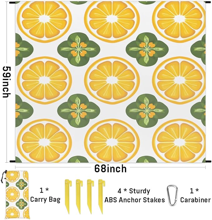 Waterproof Sandproof Beach Blanket 59''×68'' Citrus Slices Polyester Outdoor Picnic Blanket with 4 Stakes &amp Storage Bag for BeachCampingVacation White
