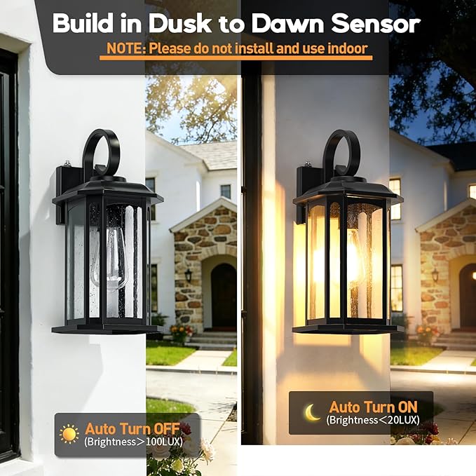16.8'' Large Dusk to Dawn Outdoor Wall Lights Black Exterior Lighting Fixtures Wall Sconce with Seeded Glass Waterproof Front Porch Light Outside Wall Lantern for House Patio Garage 1Pack
