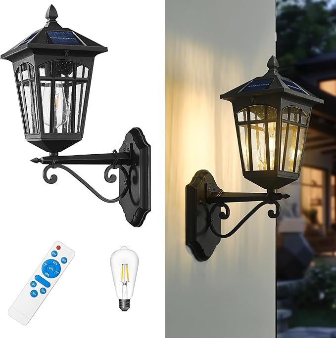 zeyu Outdoor Solar Wall Lantern 20 Inch Exterior Solar Porch Light with Remote Die-Cast Aluminum with Seeded Glass Shade Black Finish ZYX113B SL BK