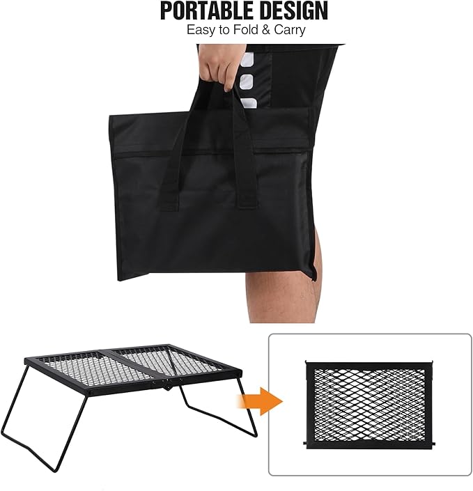 REDCAMP Folding Campfire Grill Heavy Duty Steel Grate Portable Camp Fire Cooking Rack Over Fire Pit with Carrying Bag for Outdoor BBQ Camping