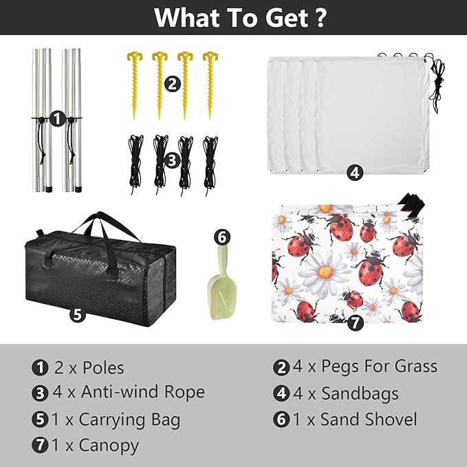 ALAZA Lady Bug Daisy Flower Beach Tent Sun Shelter UPF50+ Protection Beach Shade Canopy w/ 4 Sandbags for Outdoor Camping Fishing Backyard Fun Picnic 10x9 ft