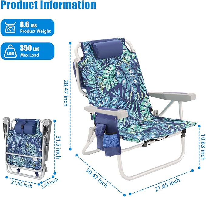 SUNNYFEEL Low Beach Chairs for Adults 5 Position Lay Flat Portable Folding Backpack Beach Chair Heavy Duty with Cooler Bag Cup Holder for Outdoor/Lawn/Picnic Foldable Camping Chair