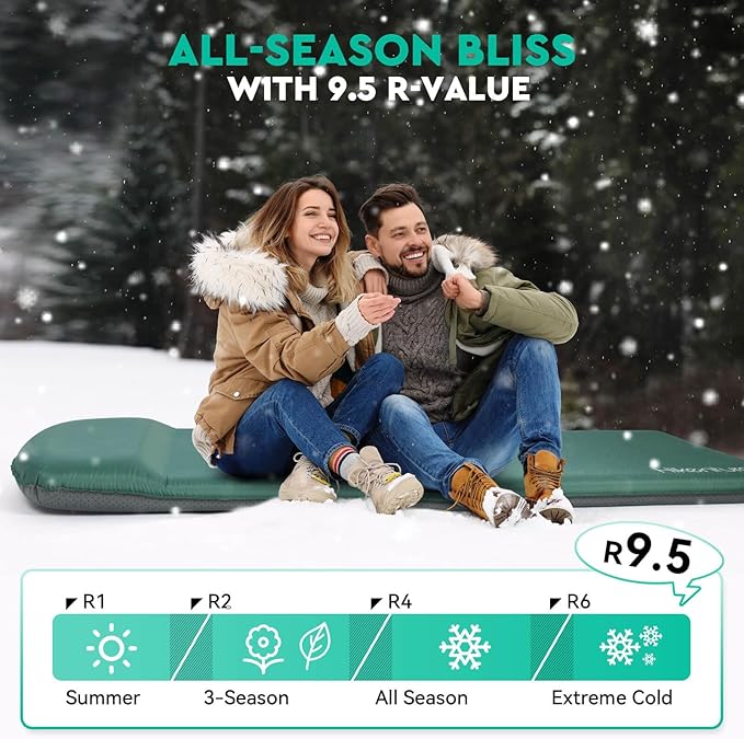 Hikenture Self Inflating Sleeping Pad for Camping 3'' Ultra Thick Camping Pad with Pillow 9.5 R-Value Insulated Camping Mattress 4-Season Inflatable Foam Camping Mat for Car Tent Cot