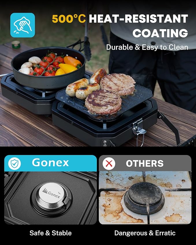 Gonex 2 Burner Propane Camping Stove with Griddle &amp Grates Portable Foldable Cooking Stove with Total 16000 BTU Two Piezo Ignition Adjustable Burners for Camping Patio Emergency Hiking (Blac