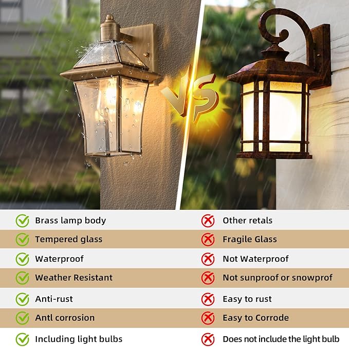 Waterproof Brass Outdoor Wall Lanterns (2-Pack) - E26 Socket &amp Glass Shade Exterior Wall-Mounted Lights Rustproof Modern Sconces for Front Door Porch Yard &amp Entryway