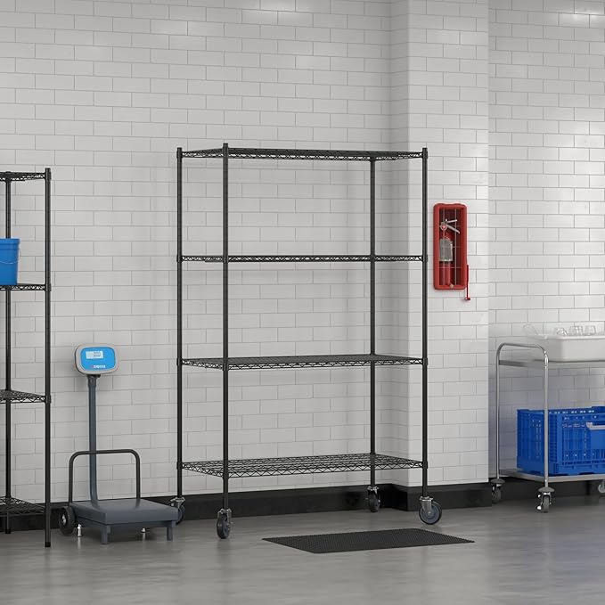 Commercial NSF Listed Black Epoxy Mobile Wire Shelving Kit 24 x 48 x 80 with 4 Shelves Perfect for Warehouse Walk-in Refrigerator Freezer Grocery Store Restaurant Dishroom