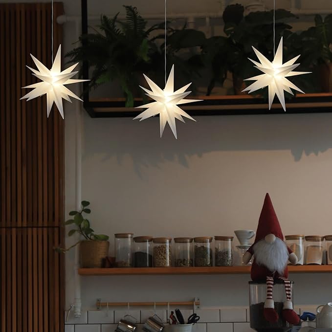 Leejec 13.3 Moravian Star Outdoor Light with Remote Control Christmas Decorations Indoor Hanging Warm White LED Light Battery Operated with Timer Function 3-Pack Tree Ceiling Balcony Decor