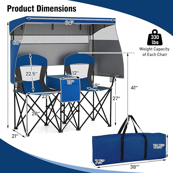 S AFSTAR Camping Chair with Canopy 2-Person Folding Beach Chair with Cup Holders 3-Side Shading Curtains &amp Cooler Bag Foldable Loveseat Lawn Chair for Camping Outdoor &amp Fishing (Navy Blue)