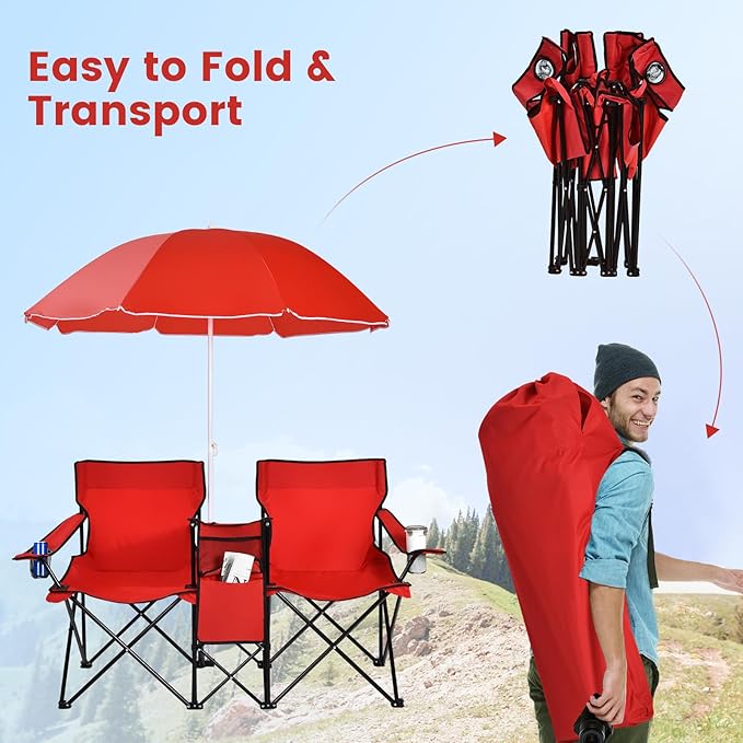 Double Camping Chair 2-Person Portable Beach Chair w/Removable Umbrella Cup Holders &amp Carrying Bag Folding Loveseat Chairs for Adults Outdoor Picnic (Red)