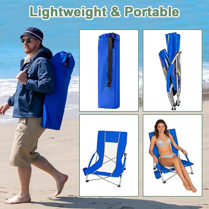 Romswi Low Beach Chairs for Adults 2 Pack Lightweight Folding Sand Chairs with Breathable Mesh Back &amp Cup Holder Portable Compact Camping Chairs 400lbs CapacityBlue