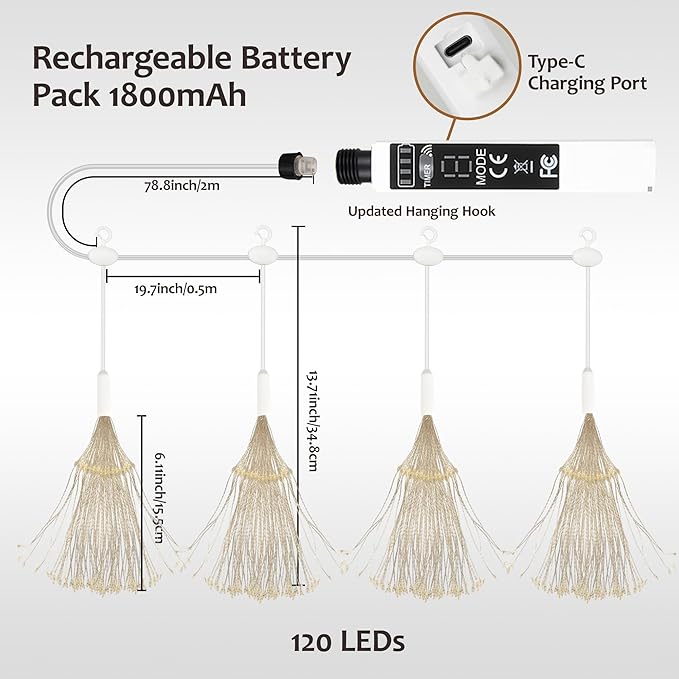 WIND STAR Firework Lights Hanging 480 LED Rechargeable Starburst Fairy String Lights for Patio Backyard Bedroom Party Wedding Decor 2 Pack
