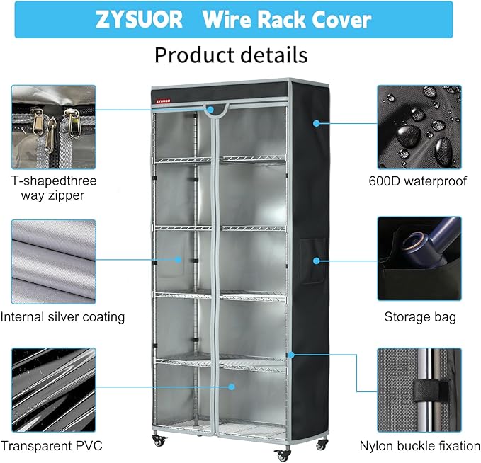 Waterproof and Dustproof Shelf Cover for Storage Shelving and Wire Rack Fits Racks 30 L x 14 D x 62 H Clear Front Cover with Zipper Design (Black No Shelves)