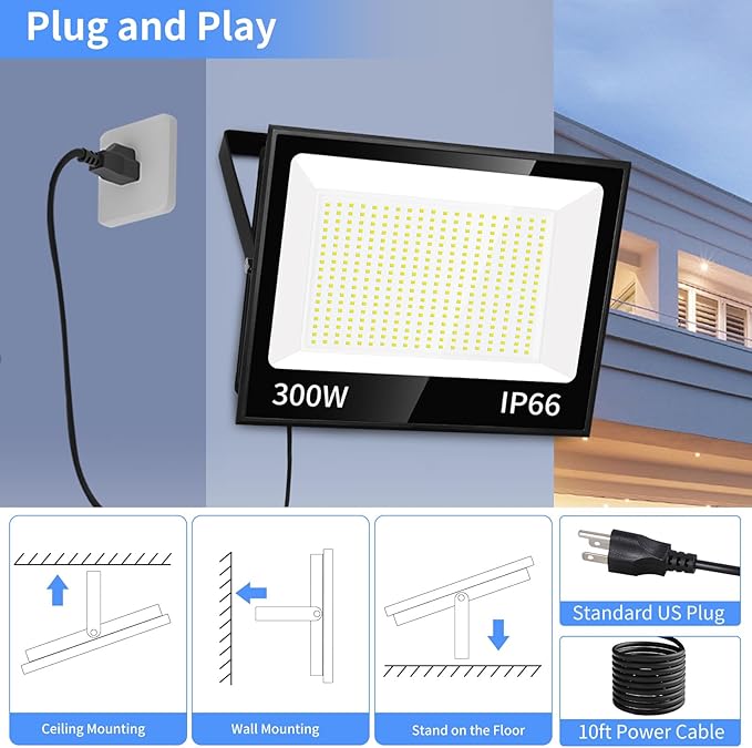 300W LED Flood Light Outdoor with Plug 36000LM Ultra Brighter Security Light IP66 Waterproof Exterior Plug in Floodlight 5000K Daylight White for Lawn Yard Garden Stadium(2 Pack)