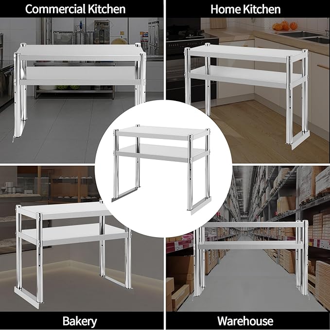 Stainless Steel Double Overshelf 36''L x 12''W Commercial 2 Tier Overshelf Height Adjustable Overshelf for Prep Work Table in Kitchen Restaurant