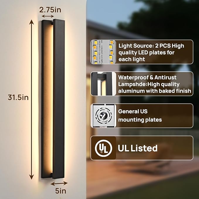 31.5 in Modern Outdoor Wall Light Fixtures 3000K LED Exterior Lighting Fixtures Long Black Outside Porch Light for House Garage Patio Door2 Pack