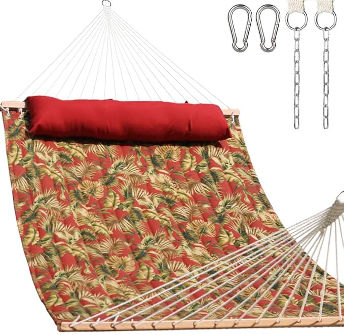 Lazy Daze Hammocks 12FT Quilted Fabric Hammock with Soft Pillow Double 2 Person Tree Hammock with Spreader Bar for Outside Patio Poolside Backyard Beach 450 lbs Capacity Red Leaf