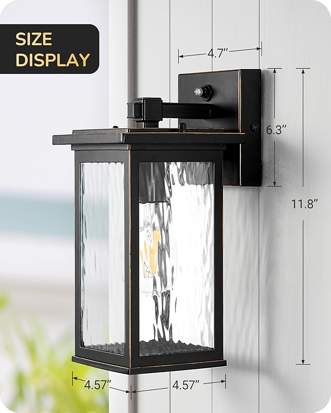 EDISHINE 2 Pack Outdoor Wall Light Dusk to Dawn Exterior Light Fixture Modern Porch Light Wall Mount Sconce Clear Water Ripple Glass Black Metal Outside Wall Lantern for Front Door Garage Patio