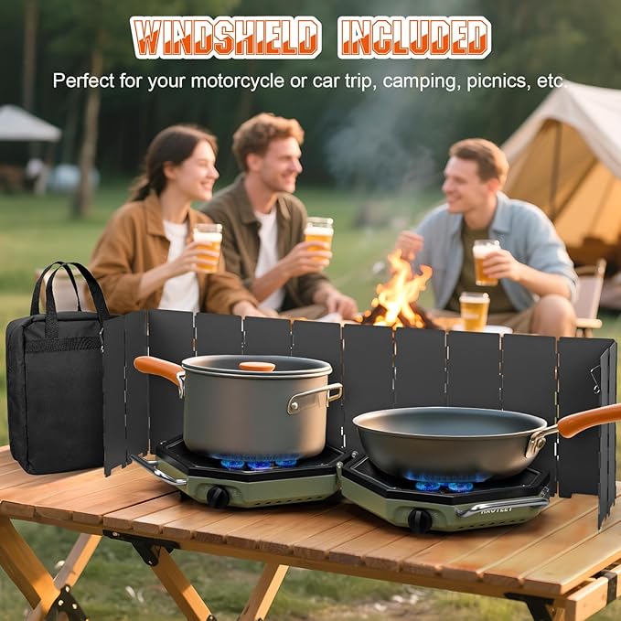 Camping Stove Propane Two Burner 34000BTU Foldable Camp Stove Gas Propane Burners for Outdoor Cooking Portable Stoves Gas Burners with Windsheild Carrying Bag Grates Regulator
